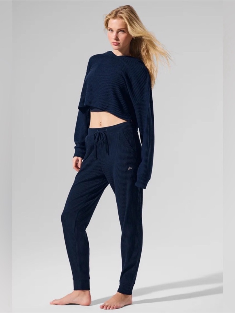Alo Yoga set Muse loungewear Ribbed Hoodie & Sweatpant comfy Navy XS NWT travel